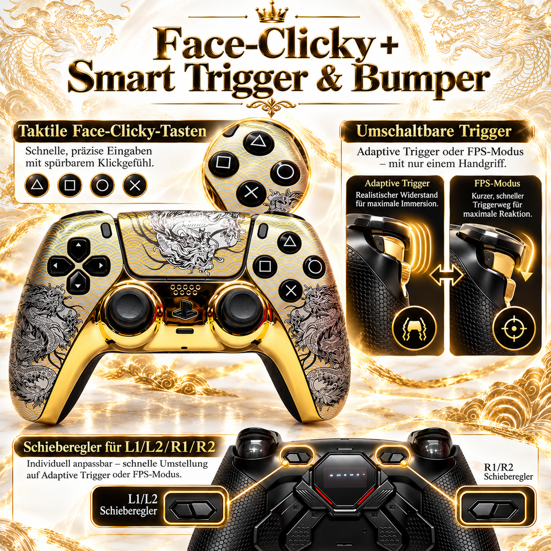 Golden Dragon Ultra Edition – Premium Custom Controller | TMR-Sticks | 4 Paddles | Smart Trigger | 2000 mAh