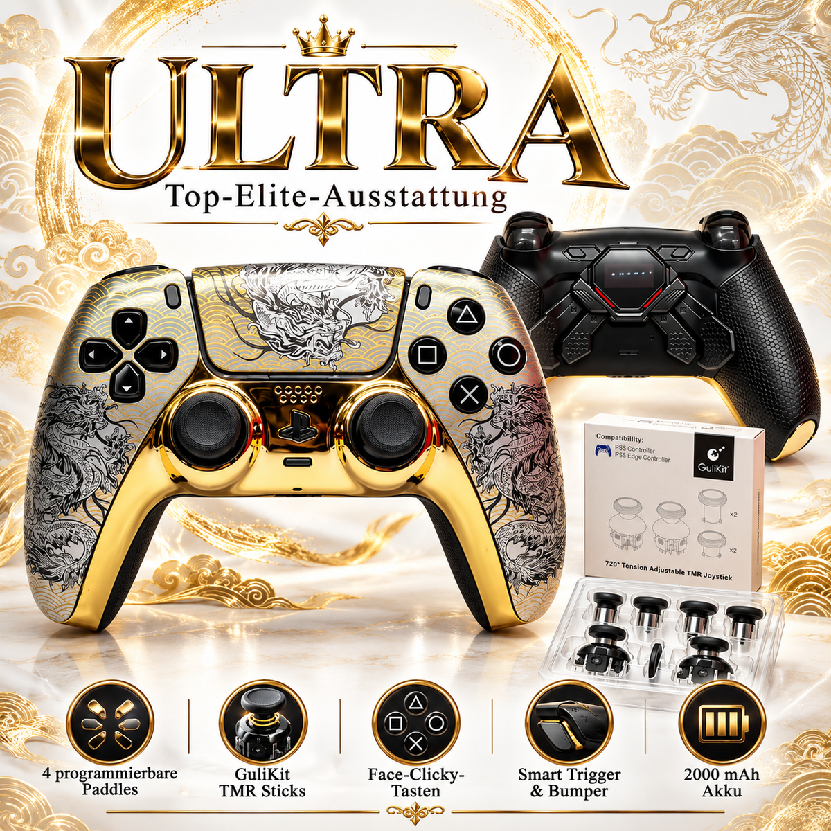 Golden Dragon Ultra Edition – Premium Custom Controller | TMR-Sticks | 4 Paddles | Smart Trigger | 2000 mAh